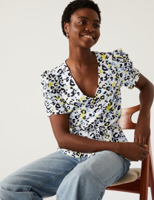 

Womens M&S Collection Gemustertes Wickeloberteil mit V-Ausschnitt - Blue Mix, Blue Mix