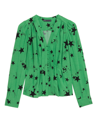 

Womens M&S Collection Bluse mit V-Ausschnitt und Sternmuster - Green Mix, Green Mix