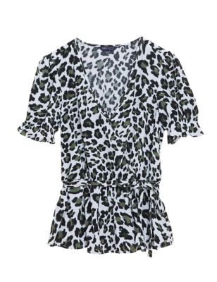 Womens M&S Collection Animal Print V-Neck Puff Sleeve Wrap Top - Ivory Mix