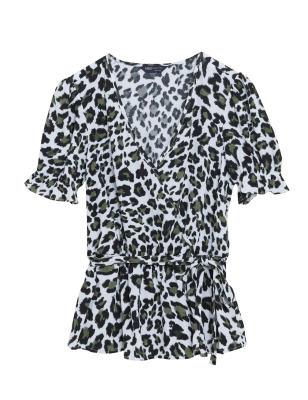 

Womens M&S Collection Wickeloberteil mit V-Ausschnitt, Puffärmeln und Tiermuster - Ivory Mix, Ivory Mix