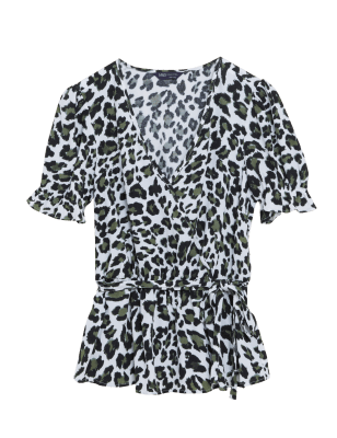 Womens M&S Collection Animal Print V-Neck Puff Sleeve Wrap Top - Ivory Mix