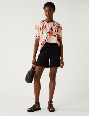 

M&S Collection Blusa estampada de manga abullonada de linoWomens - Multi, Multi