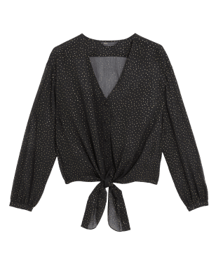 

Womens M&S Collection Sparkly Polka Dot V-Neck Tie Front Blouse - Black, Black