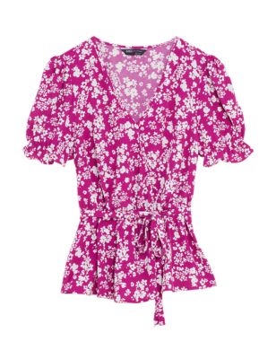 Womens M&S Collection Floral V-Neck Puff Sleeve Wrap Top - Pink Mix