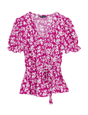 

Womens M&S Collection Floral V-Neck Puff Sleeve Wrap Top - Pink Mix, Pink Mix