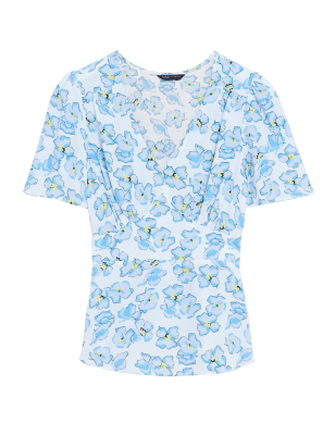 

Womens M&S Collection Geblümtes Oberteil mit V-Ausschnitt, Schößchen und Engelsärmeln - Ivory Mix, Ivory Mix