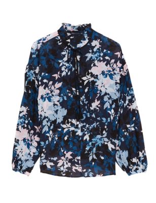 

Womens M&S Collection Floral Tie Neck Frill Detail Popover Blouse - Navy Mix, Navy Mix