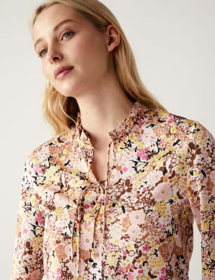 

Womens M&S Collection Printed Tie Neck Blouse - Multi, Multi