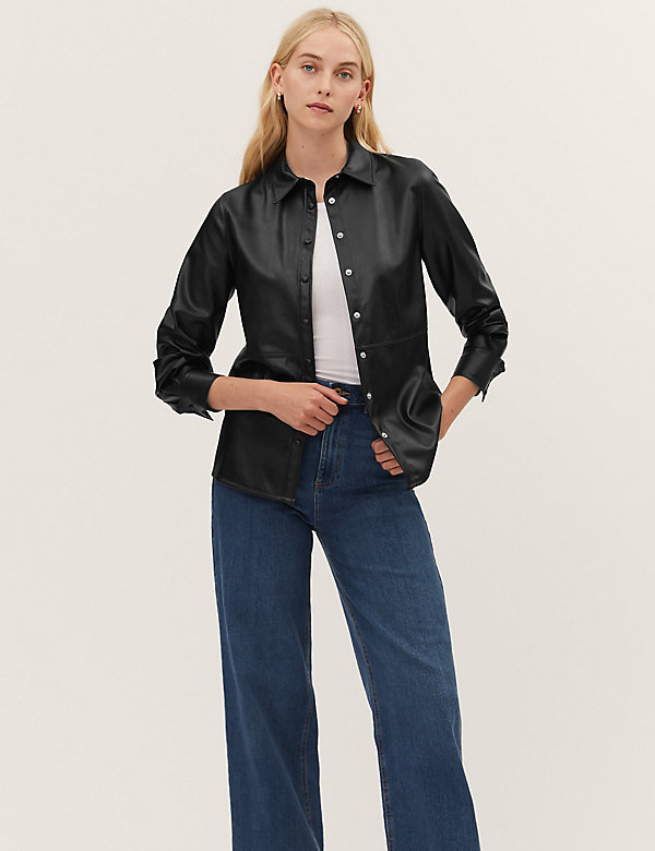 Faux Leather Collared Long Sleeve Shirt - SK