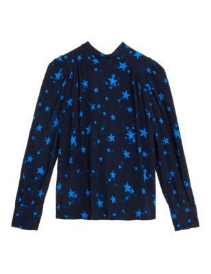 Womens M&S Collection Star Print Tie Neck Blouson Sleeve Blouse - Navy Mix