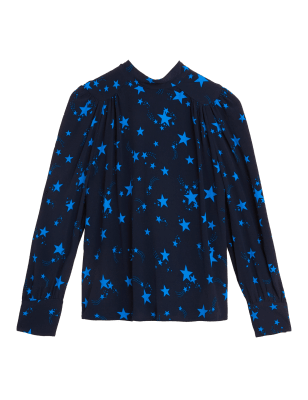 

Womens M&S Collection Bluse mit Blousonärmeln, Sternmuster und Schleifenkragen - Navy Mix, Navy Mix