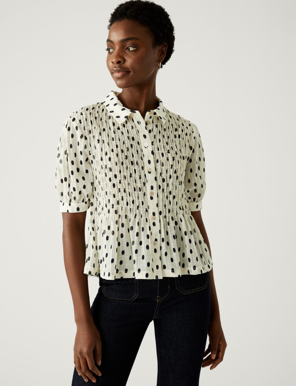 Printed Collared Shirred Puff Sleeve Blouse image 2
