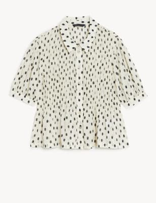 Printed Collared Shirred Puff Sleeve Blouse