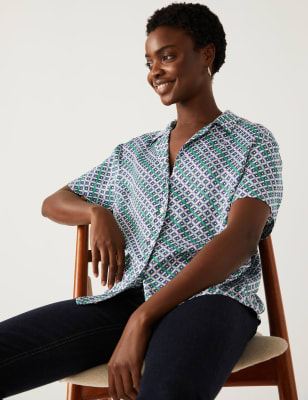 

Womens M&S Collection Satin Printed Collared Shirt - Blue Mix, Blue Mix
