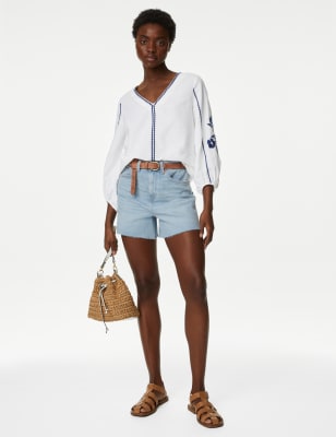 

Womens M&S Collection Bluse mit Blousonärmeln, hohem Leinenanteil und Stickerei - Ivory Mix, Ivory Mix