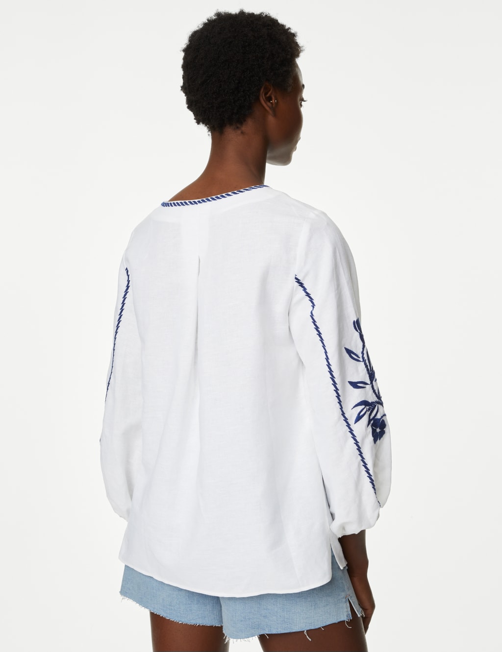 Linen Rich Embroidered Blouson Sleeve Blouse image 4