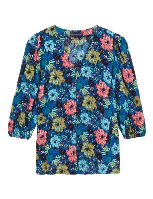 

Womens M&S Collection Geblümte Bluse mit 3/4-Ärmeln und V-Ausschnitt - Blue Mix, Blue Mix