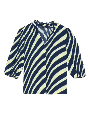 

Womens M&S Collection Striped V-Neck Ruffle Short Sleeve Top - Navy Mix, Navy Mix