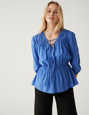 Pleated Tie Neck Waisted Blouse