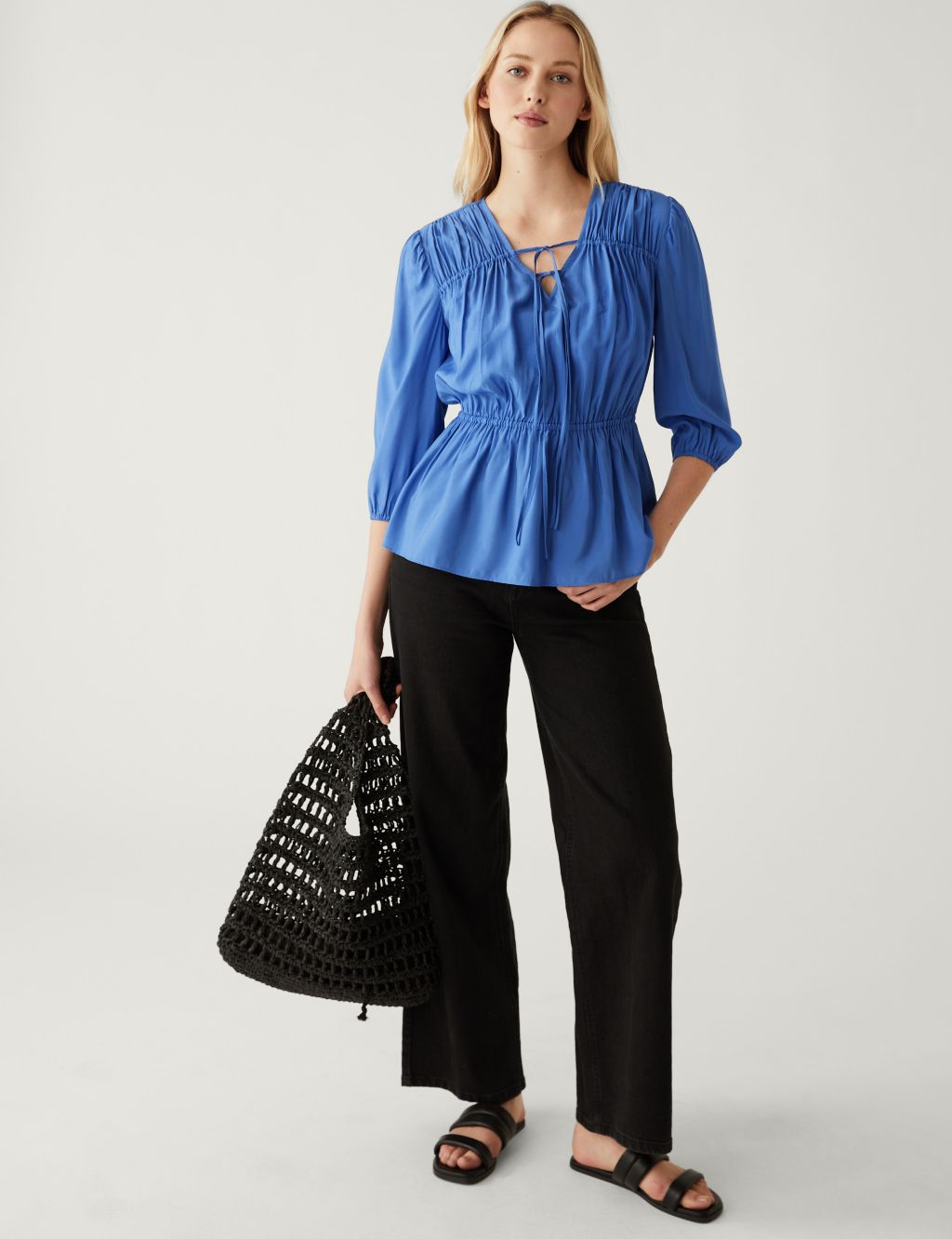 Pleated Tie Neck Waisted Blouse image 2