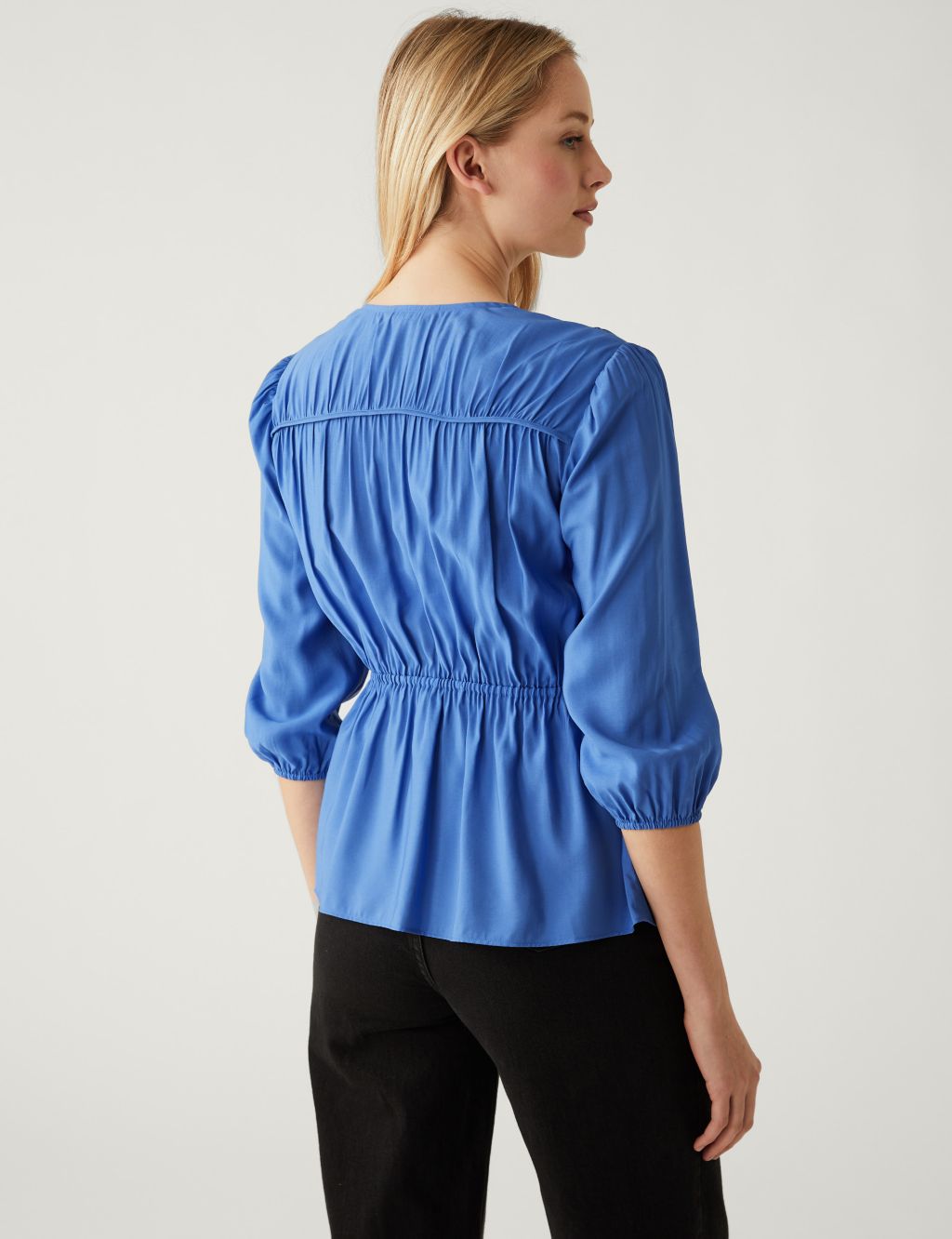 Pleated Tie Neck Waisted Blouse image 3