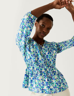 

Womens M&S Collection Floral Pleated Tie Neck Waisted Blouse - Blue Mix, Blue Mix