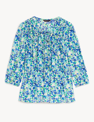 Floral Pleated Tie Neck Waisted Blouse