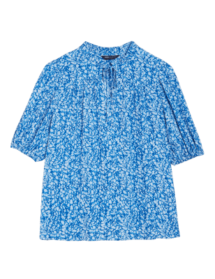 

Womens M&S Collection Kurzarmbluse mit Bindekragen und Tiermuster - Blue Mix, Blue Mix