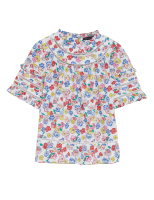 

Womens M&S Collection Pure Cotton Floral Frill Neck Top - White Mix, White Mix