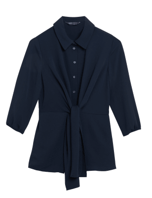 

Womens M&S Collection Collared Tie Front Relaxed 3/4 Sleeve Shirt - Navy, Navy