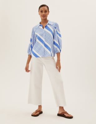 

Womens M&S Collection Striped Collared 3/4 Sleeve Shirt - Blue Mix, Blue Mix