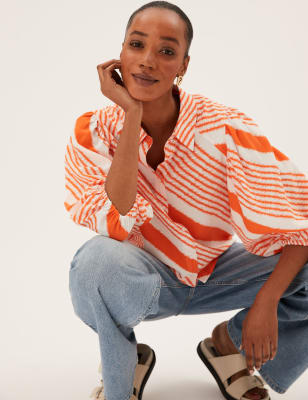 

M&S Collection Camisa de rayas de manga 3/4 con cuelloWomens - Orange Mix, Orange Mix