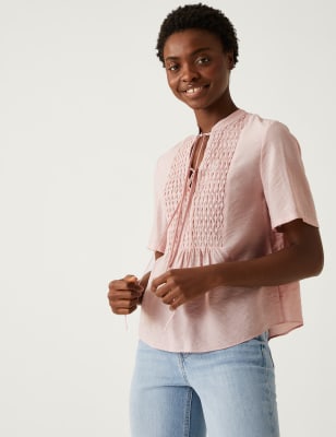 

Womens M&S Collection V-Neck Smocked Popover Blouse - Pink Shell, Pink Shell