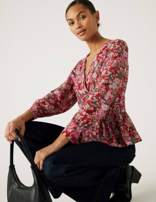 

Womens M&S Collection Printed V-Neck Blouse - Red Mix, Red Mix