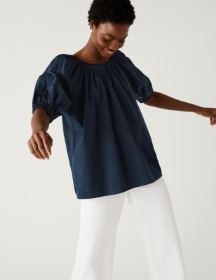 

M&S Collection Blusa 100% algodón con cuello redondoWomens - Navy, Navy