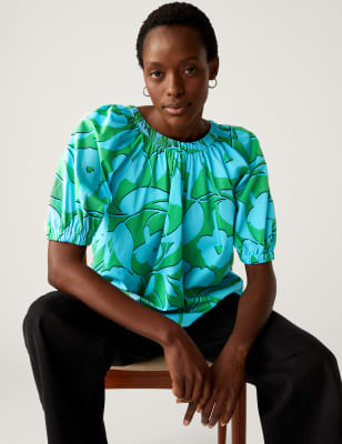 

Womens M&S Collection Pure Cotton Printed Blouson Sleeve Blouse - Green Mix, Green Mix