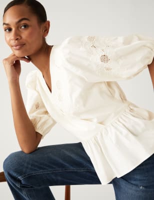 

Womens M&S Collection Pure Cotton Embroidered Puff Sleeve Blouse - Ivory, Ivory