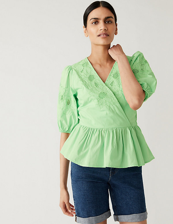 Pure Cotton Embroidered Puff Sleeve Blouse - UA
