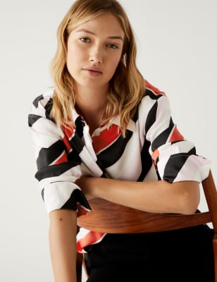 

Womens M&S Collection Gestreiftes Langarmhemd mit Kragen - White Mix, White Mix