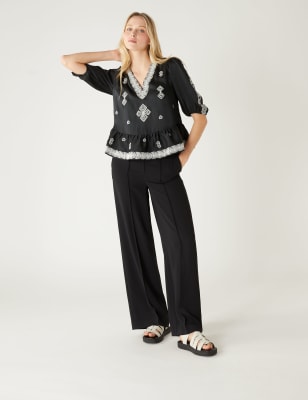 

Womens M&S Collection Satin Embroidered V-Neck Blouse - Black, Black