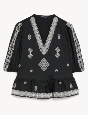 Satin Embroidered V-Neck Blouse