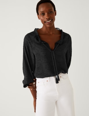 

Womens M&S Collection Jacquard V-Neck Popover Blouse - Black, Black