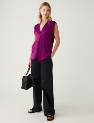 

Womens M&S Collection Satin V-Neck Popover Blouse - Dark Magenta, Dark Magenta