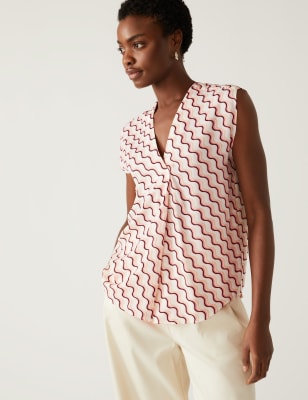 

Womens M&S Collection Gemusterte Popover-Bluse aus Satin mit V-Ausschnitt - Pink Mix, Pink Mix