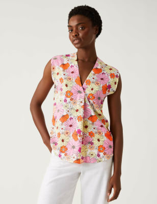 

Womens M&S Collection Satin Printed V-Neck Popover Blouse - Orange Mix, Orange Mix