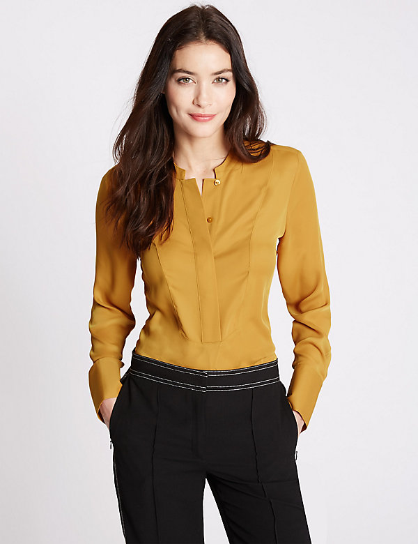 Dipped Hem Popover Long Sleeve Blouse - AT