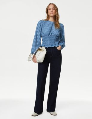 Checked Textured Waisted Blouse