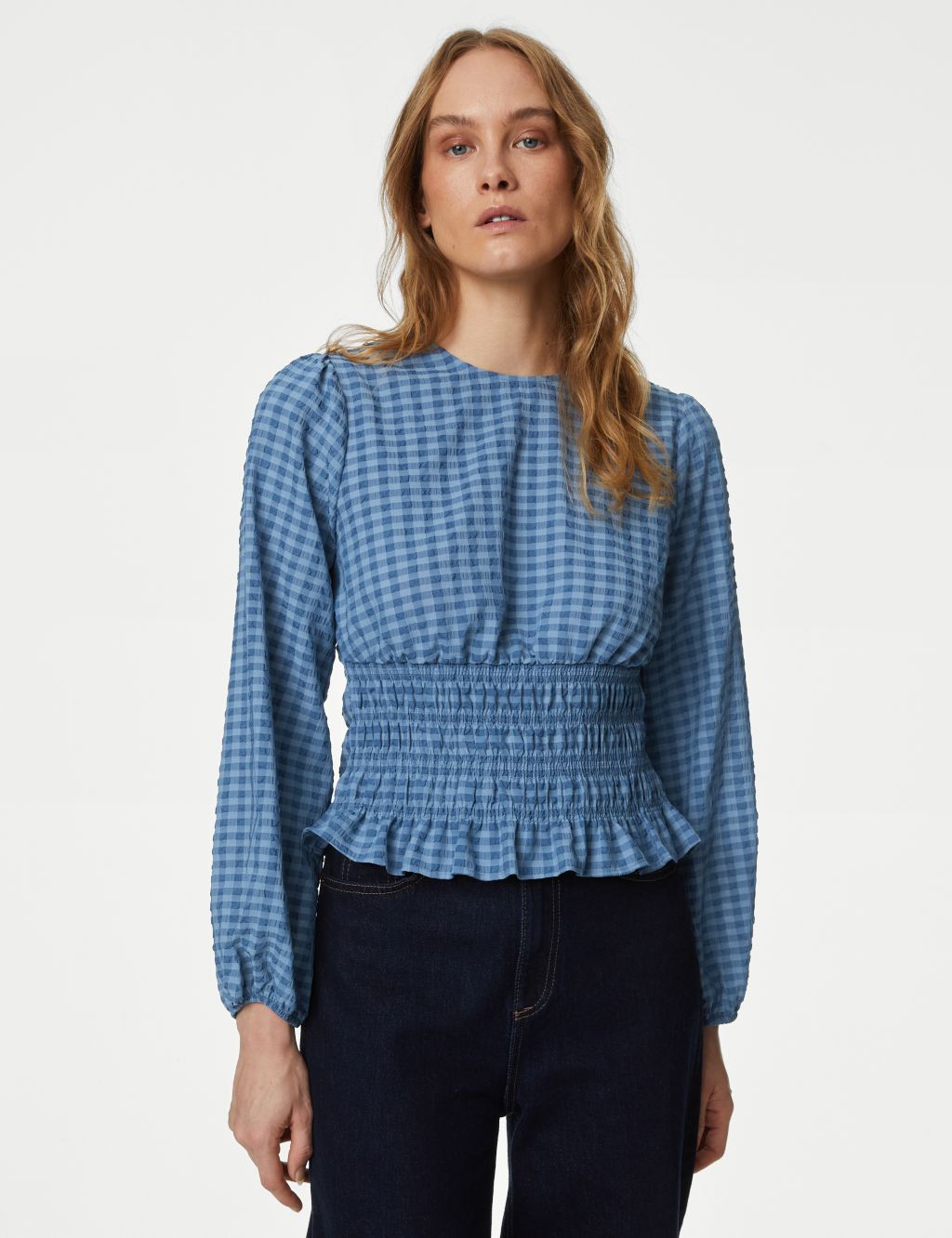 Checked Textured Waisted Blouse image 4