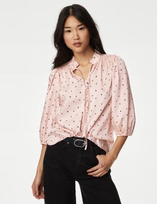 Printed V-Neck Frill Detail Blouse - KR