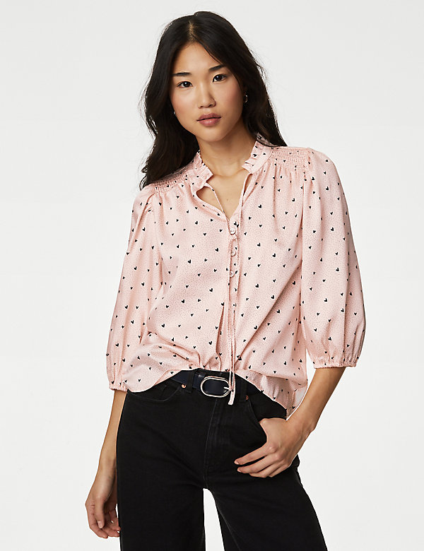 Printed V-Neck Frill Detail Blouse - CY